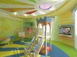 Детская игровая комната с фото пано с динозавриками и картой мира в 2-х этажном коттедже с мансардой