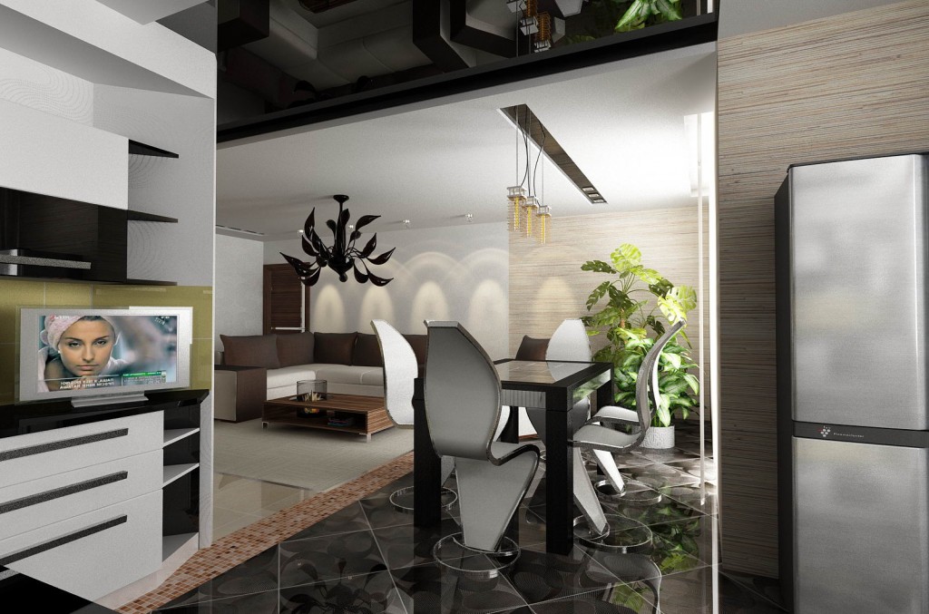 Дизайн интерьера квартиры, дизайн гостиной-кухни-столовой. Вариант 3