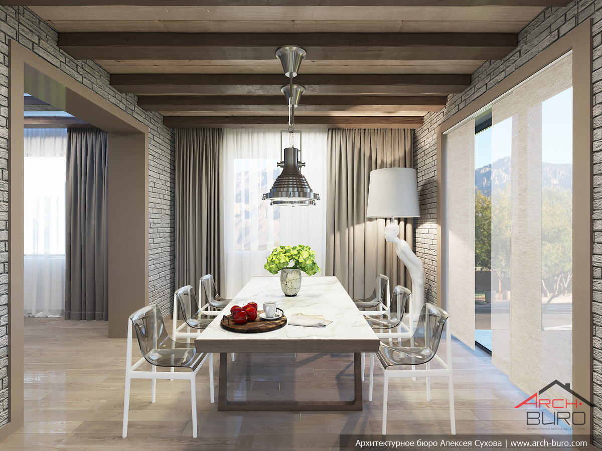 Дизайн столовой + кухни + гостиной в доме